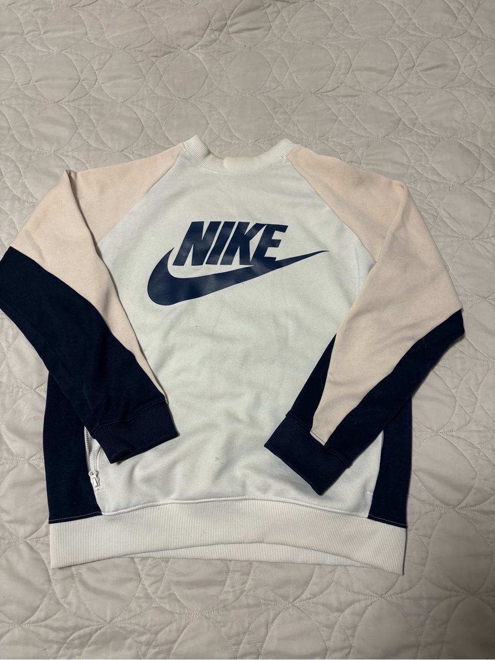 Nike White Navy and Light Pink Colorblock Pullover Sweatshirt